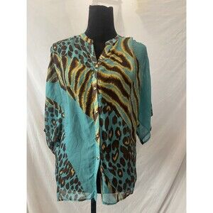 Antonio Makali 100% Silk Blouse Women Teal Animal print Medium Sheer